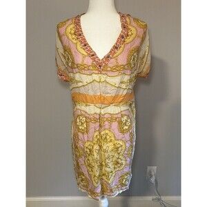 ZARA Mulberry Silk Scarf Print Dolman Sleeve Handkerchief Dress Pink/Gold Size M